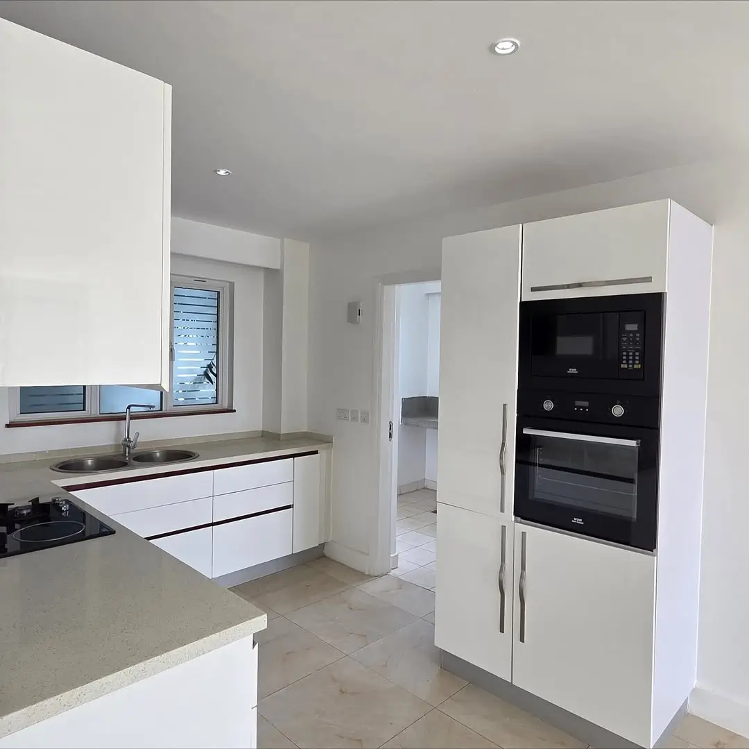 Modern white kitchen with built-in oven and island countertop