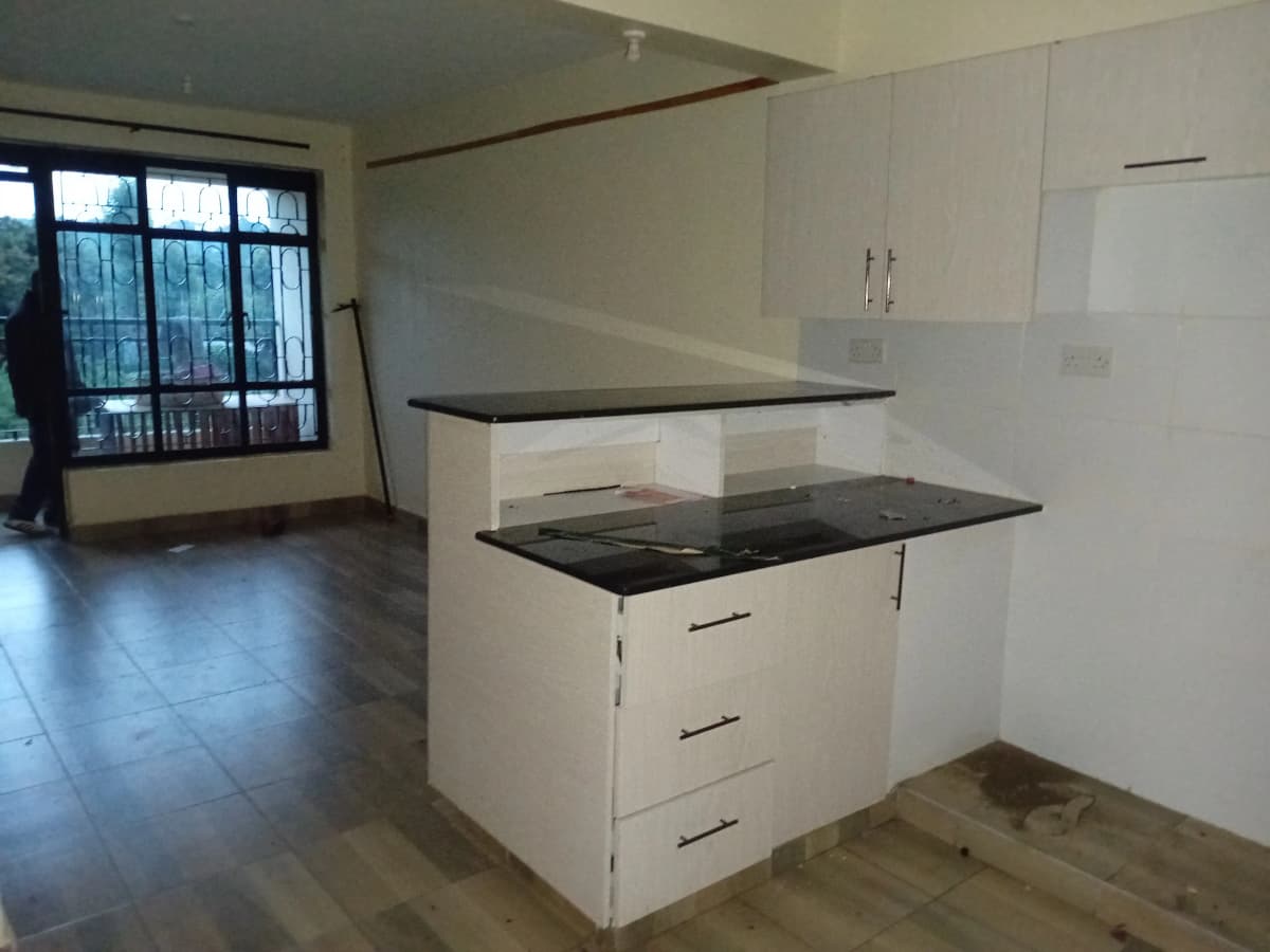 Open-plan kitchen with island counter and black countertops