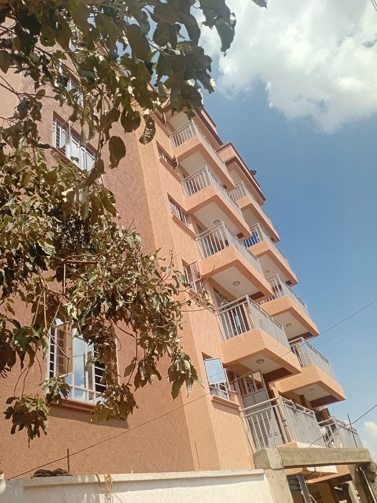 Peach-colored residential building facade with multiple balconies