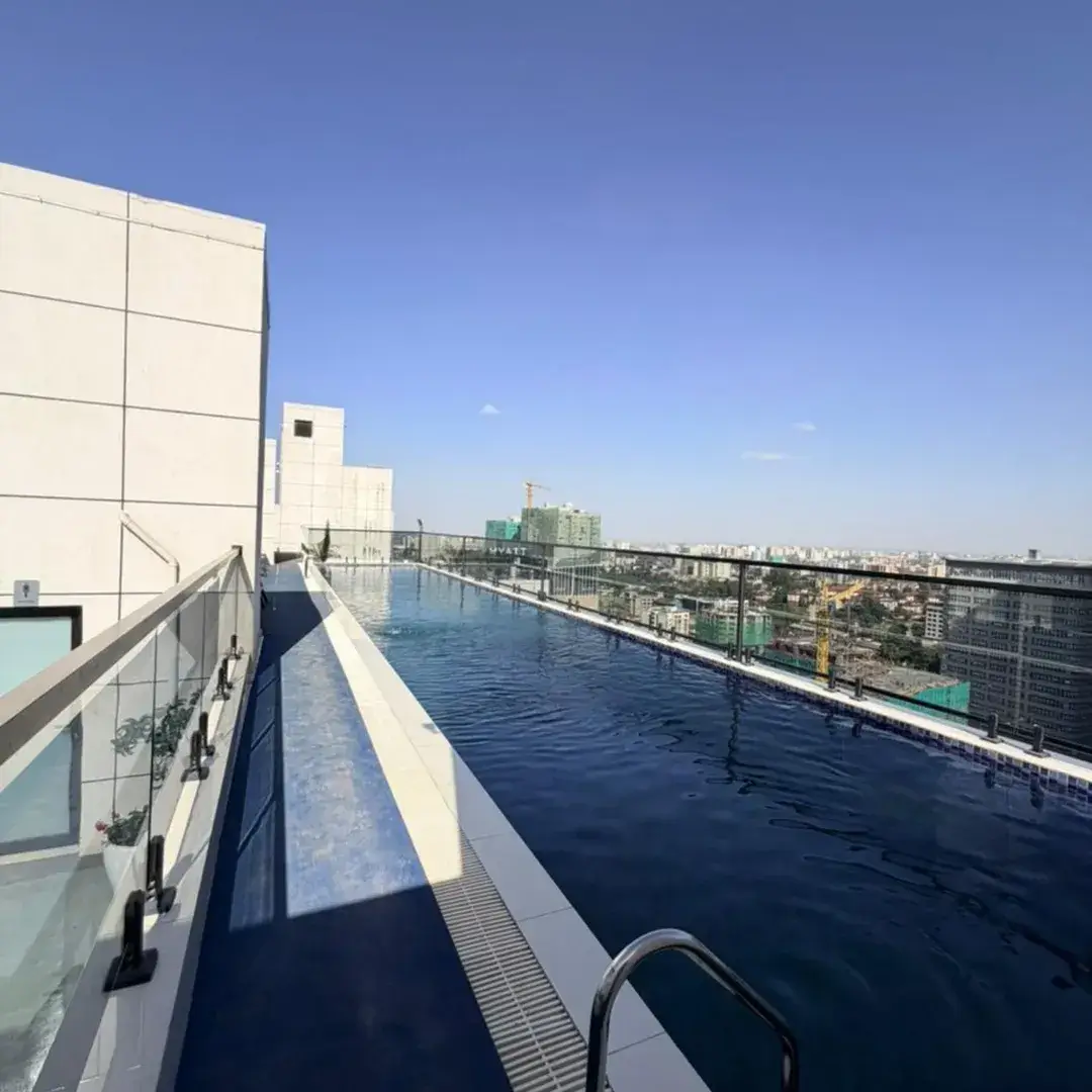 Rooftop lap pool with city skyline views