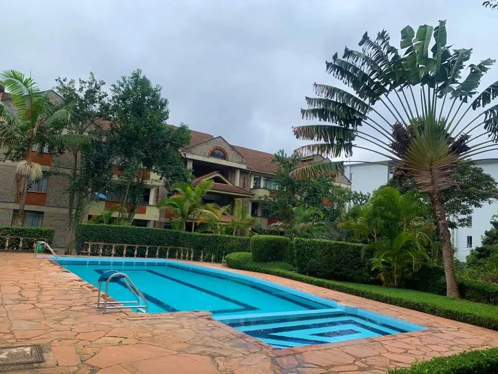 Large rectangular swimming pool with blue cover, tropical landscaping